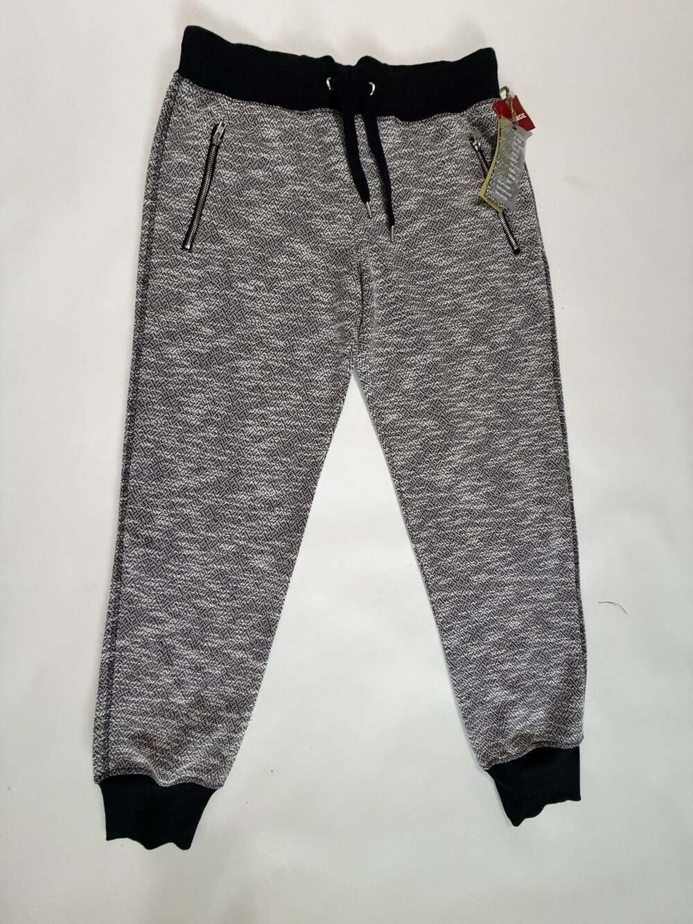 GreenTea Jogger Pants Gray Black Marled Knit Drawstring Zipper Pocket NWT